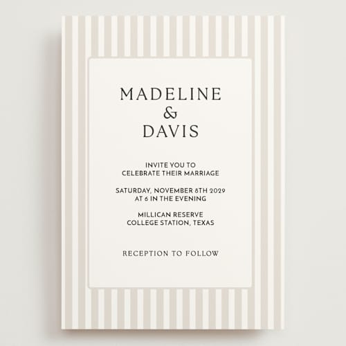This is a latte wedding invitations with standard by First Rodeo Design called classic stripe printing on signature in grand