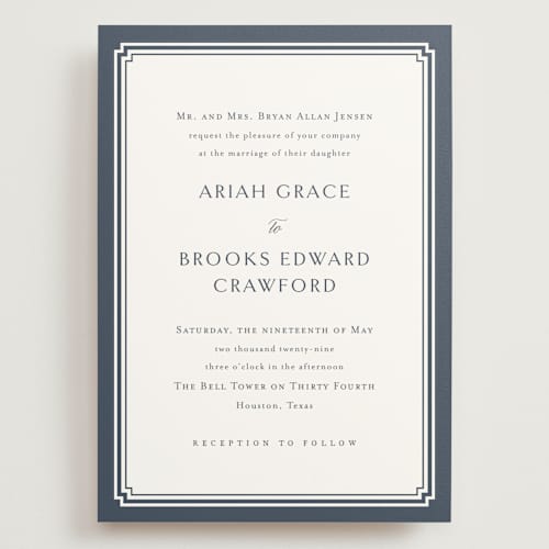 This is a french blue wedding invitations with standard by Jennifer Postorino called ariah printing on signature in grand