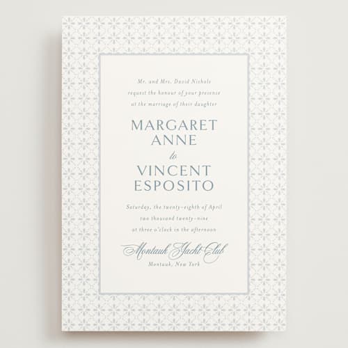 This is a dusty blue wedding invitations with standard by Jennifer Postorino called coastal charm printing on signature in grand