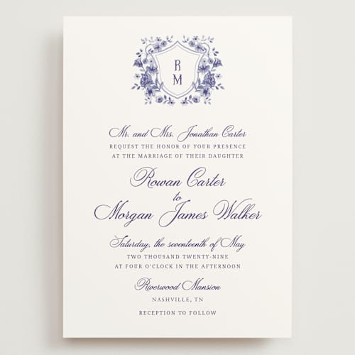 This is a plum wedding invitations with standard by Cass Loh called blooming crest printing on signature in grand
