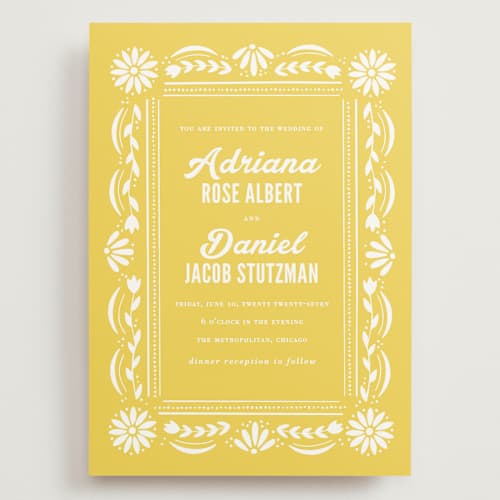 This is a sunshine wedding invitations with standard by Jessie Steury called pretty picado printing on signature in grand