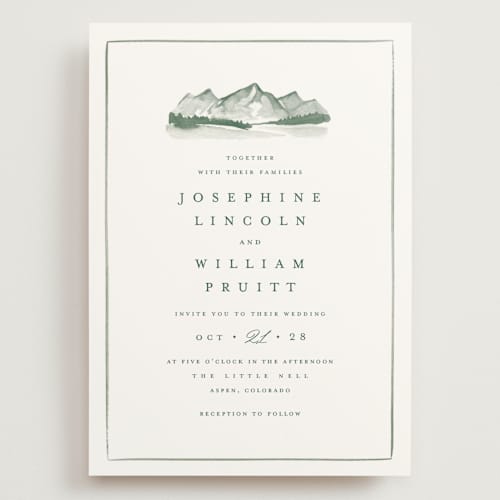 This is a pine wedding invitations with standard by Amy Kross called mountain ridge printing on signature in grand