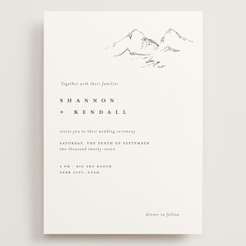 This is a snow wedding invitations with standard by Mere Paper called sketched mountains printing on signature in grand