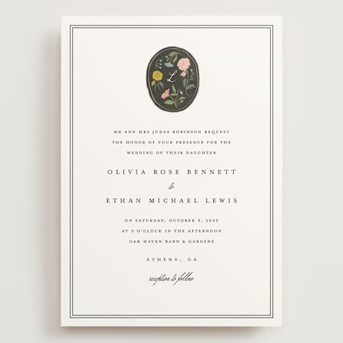This is a swan wedding invitations with standard by Lori Wemple called botanical cameo printing on signature in grand