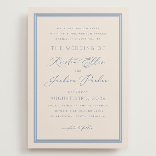 This is a periwinkle wedding invitations with standard by Hooray Creative called twin border printing on signature in grand