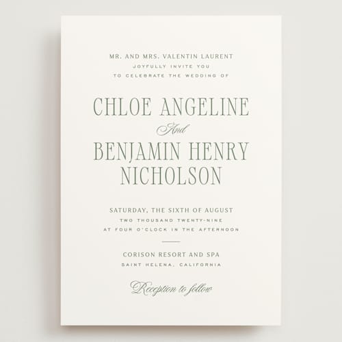 This is a moss wedding invitations with standard by Kelly Schmidt called woods printing on signature in grand