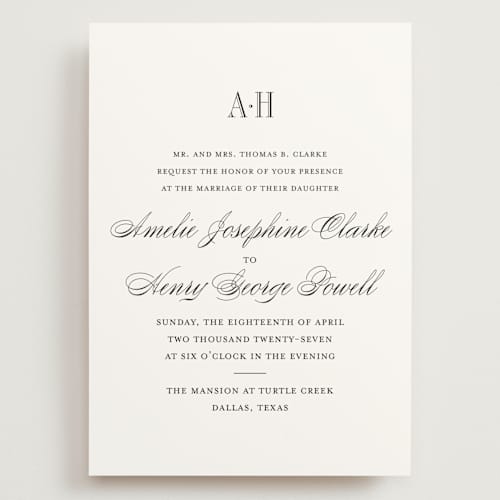 This is a tuxedo wedding invitations with standard by Megan Davis called hepburn printing on signature in grand