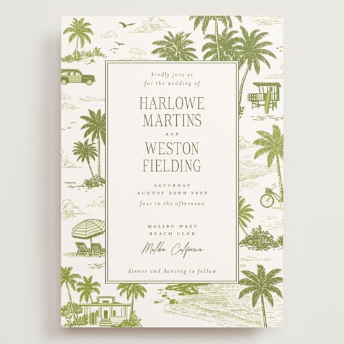This is a palm wedding invitations with standard by Jenna Holcomb called beachtoile printing on signature in grand