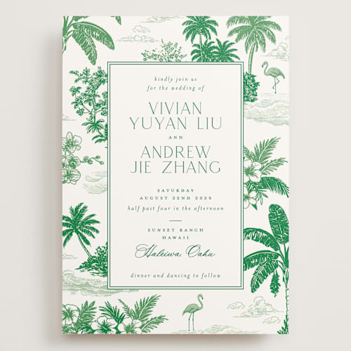 This is a jade wedding invitations with standard by Jenna Holcomb called tropical toile printing on signature in grand