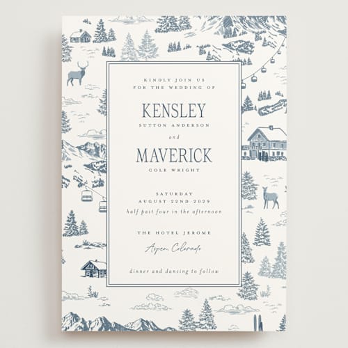 This is a denim wedding invitations with standard by Jenna Holcomb called aspen toile printing on signature in grand