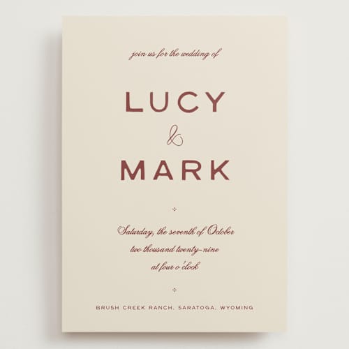 This is a rust wedding invitations with standard by Ani Somi called rose ink printing on signature in grand