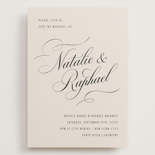 This is a black tie wedding invitations with standard by Hooray Creative called scripted names printing on signature in grand
