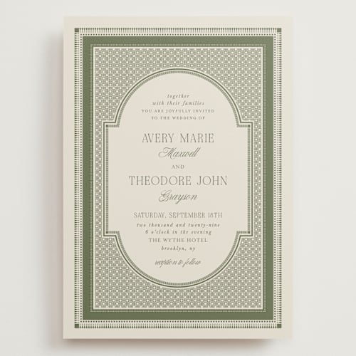 This is a moss wedding invitations with standard by Kelly Watkins called literary printing on signature in grand