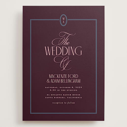 This is a plum wedding invitations with standard by Owl and Toad called sophisticate printing on signature in grand
