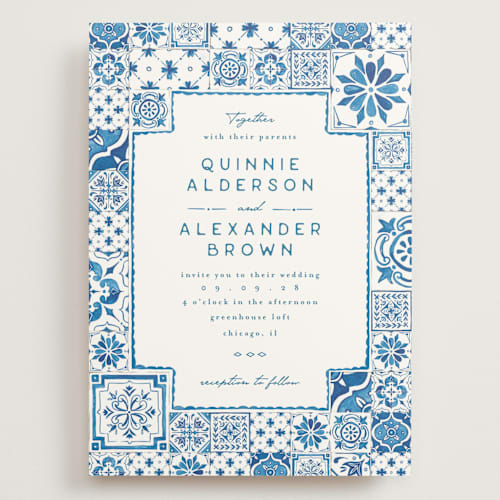 This is a navy wedding invitations with standard by Anastasia Makarova called watercolor tile printing on signature in grand