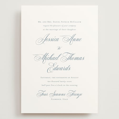 This is a dusty blue wedding invitations with standard by Jennifer Postorino called empire printing on signature in grand