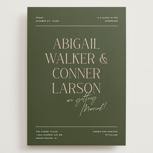 This is a olive wedding invitations with standard by Pixel and Hank called martini printing on signature in grand