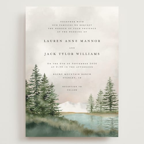 This is a forest wedding invitations with standard by Petra Kern called montagna printing on signature in grand