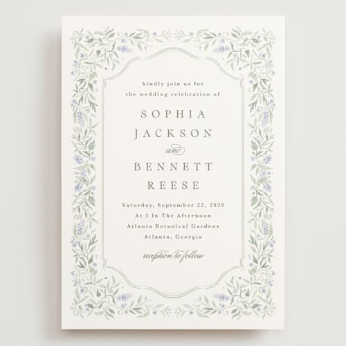 This is a periwinkle wedding invitations with standard by Kristen Smith called delicate vines printing on signature in grand