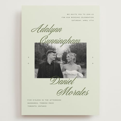 This is a lemongrass wedding invitations with standard by Sam Dubeau called swoon printing on signature in grand