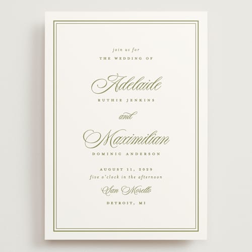 This is a olive wedding invitations with standard by Ellen Schlegelmilch called museo printing on signature in grand