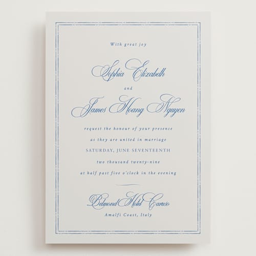 This is a blue mist wedding invitations with standard by Design Lotus called amalfi blue printing on signature in grand