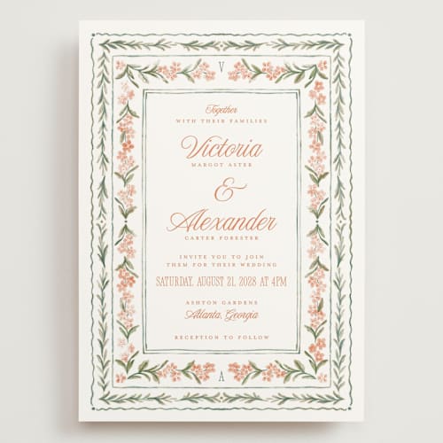 This is a persimmon wedding invitations with standard by Jenna Holcomb called vintage sketched printing on signature in grand