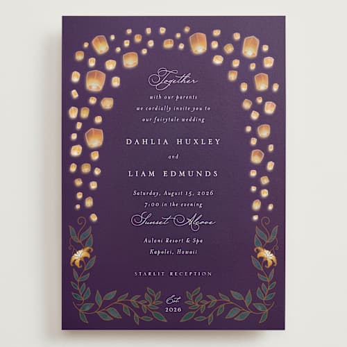 This is a twilight wedding invitations with standard by Simona Camp called disney's tangled lanterns printing on signature in grand