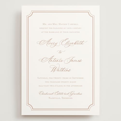 This is a dusty pink wedding invitations with standard by Jennifer Postorino called avery printing on signature in grand