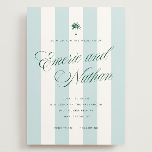 This is a low tide wedding invitations with standard by Susan Zinader called island palm printing on signature in grand