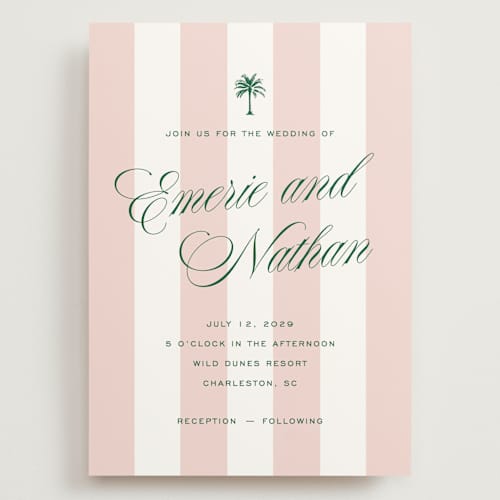 This is a taffy wedding invitations with standard by Susan Zinader called island palm printing on signature in grand