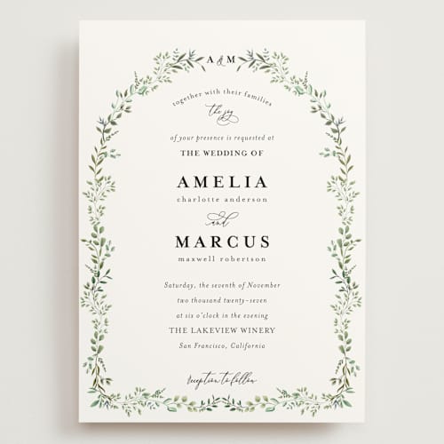 This is a mojito wedding invitations with standard by Susan Moyal called monogramed arch printing on signature in grand