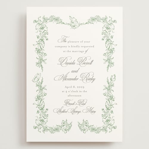 This is a mint wedding invitations with standard by Melinda Denison called romantic garden printing on signature in grand