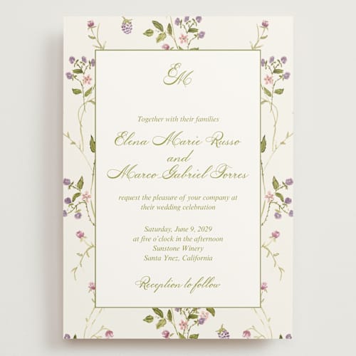 This is a cream wedding invitations with standard by Nicole Dragomir called wild berry watercolor printing on signature in grand