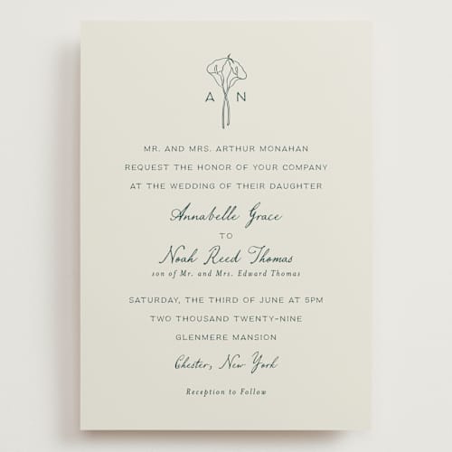 This is a sage wedding invitations with standard by Leah Bisch called pair of calla lilies printing on signature in grand