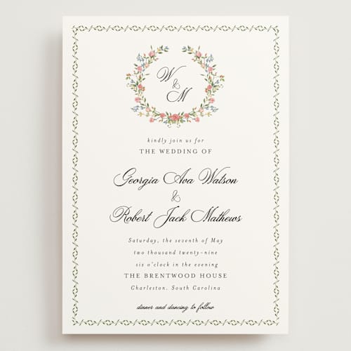 This is a blush wedding invitations with standard by Susan Moyal called monogramed printing on signature in grand
