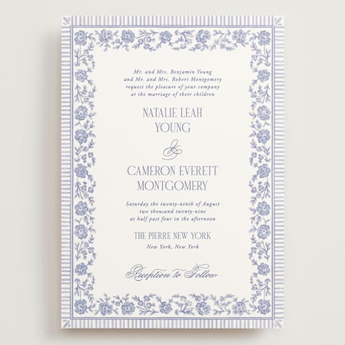 This is a cerulean wedding invitations with standard by Jenna Holcomb called embroidered printing on signature in grand