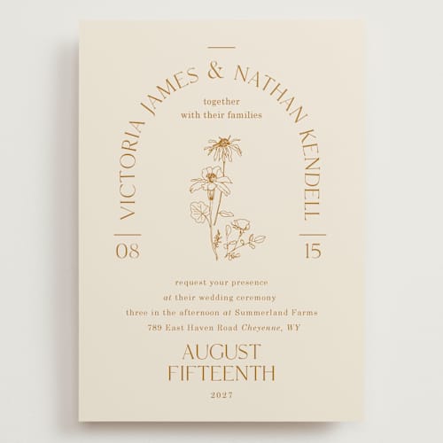 This is a cream wedding invitations with standard by Baumbirdy called floral type arch printing on signature in grand