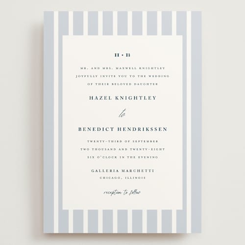 This is a powder blue wedding invitations with standard by chocomocacino called melihrolo printing on signature in grand