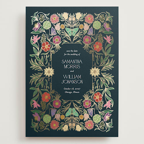 This is a midnight garden foil stamped save the date cards with foil pressed by Simona Camp called gilded tapestry printing on signature in grand