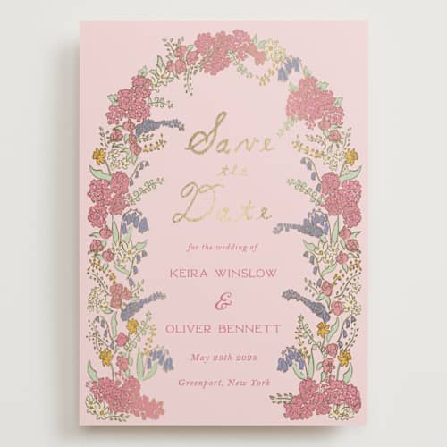 This is a tea rose foil stamped save the date cards with foil pressed by Sarah Rosenthal called evergold blooms printing on signature in grand