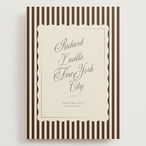 This is a chocolate foil stamped save the date cards with foil pressed by Baumbirdy called stripe frame printing on signature in grand