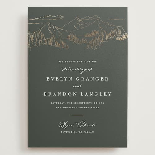 This is a hunter foil stamped save the date cards with foil pressed by Sarah Brown called peaks printing on signature in grand