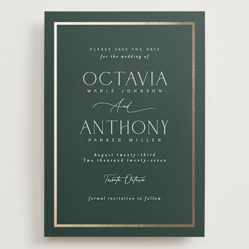 This is a evergreen foil stamped save the date cards with foil pressed by Nicole Walsh called regal printing on signature in grand