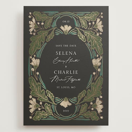 This is a lily foil stamped save the date cards with foil pressed by Jen Owens called embellished printing on signature in grand