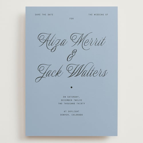 This is a sky save the date with standard by Blustery August called cheers printing on signature in grand