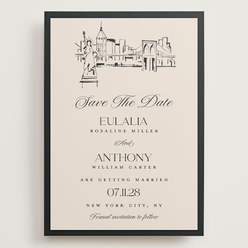This is a halo save the date with standard by Teju Reval called nyc skyline printing on signature in grand