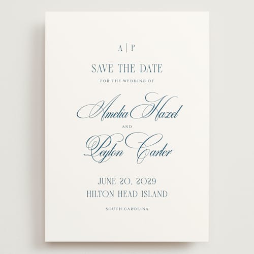 This is a ocean save the date with standard by Kelly Schmidt called hilton printing on signature in grand