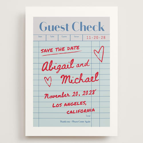This is a mint save the date with standard by Jennifer Lew called guest check printing on signature in grand