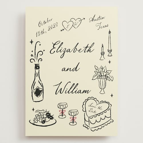 This is a champagne save the date with standard by Helena Vitto called vintage lovers printing on signature in grand